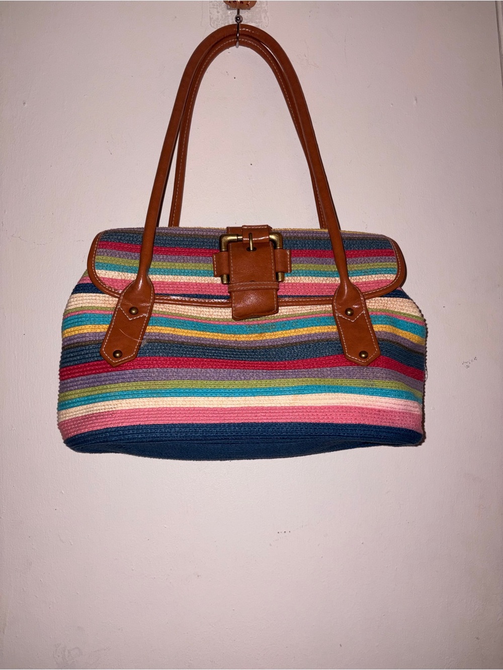 Striped Multicolor Shoulder Bag with Tan Leather Trim